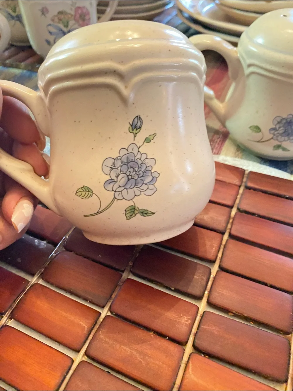 26 International Cream Ceramic Spoon Rest with Blue and Pink Floral Accents